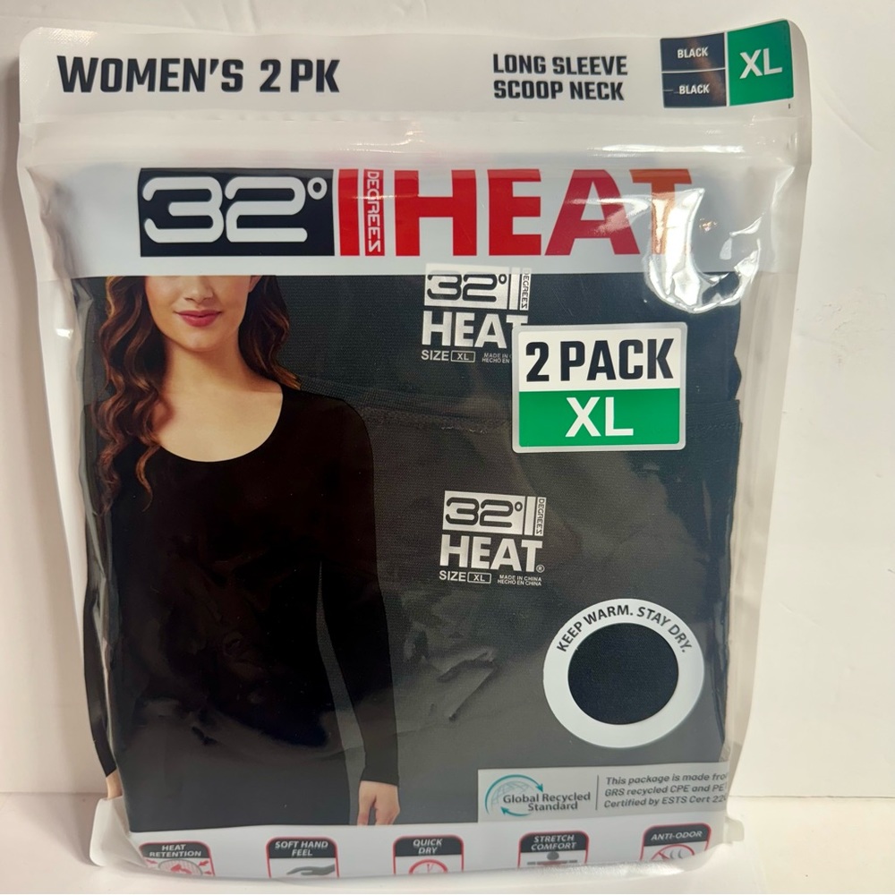 NWT. 32 Degrees. 2 pack XL black scoop neck tops long sleeves.